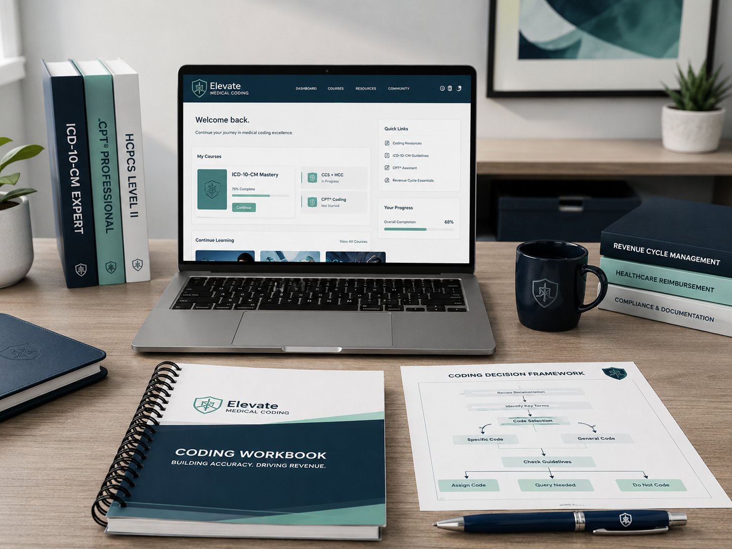 Course dashboard on a laptop with the printed coding workbook and decision framework