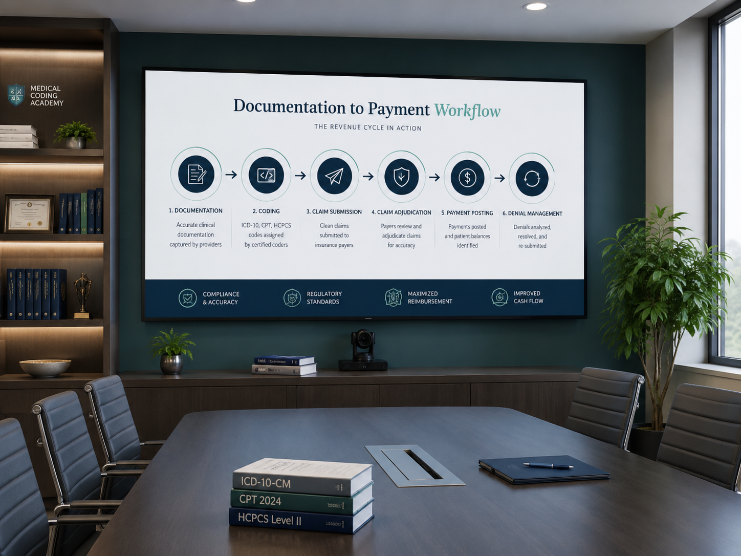 Documentation to payment workflow presented in a training room