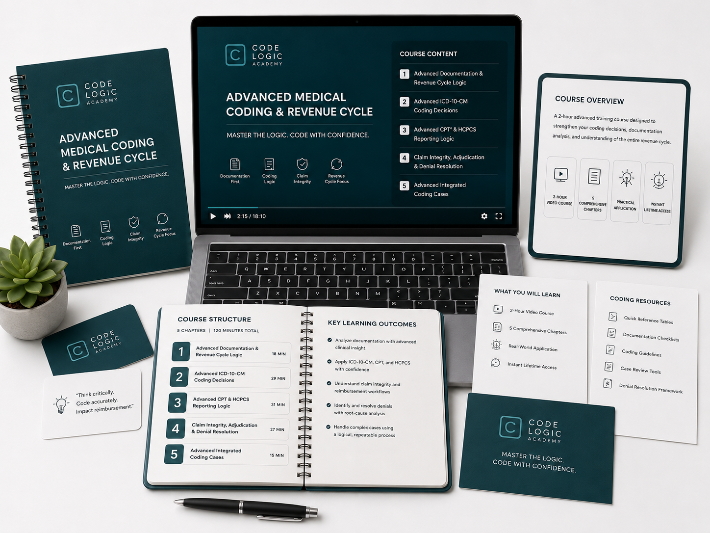 Medical Billing and Coding Course mockup showing laptop, workbook and curriculum sheets